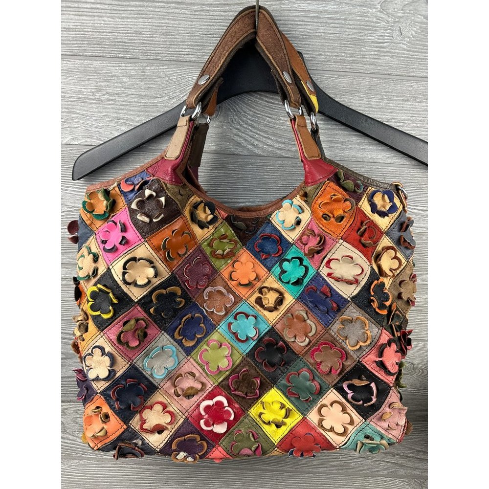 Multi Color Flower Genuine Leather Hobo Handbag Purse